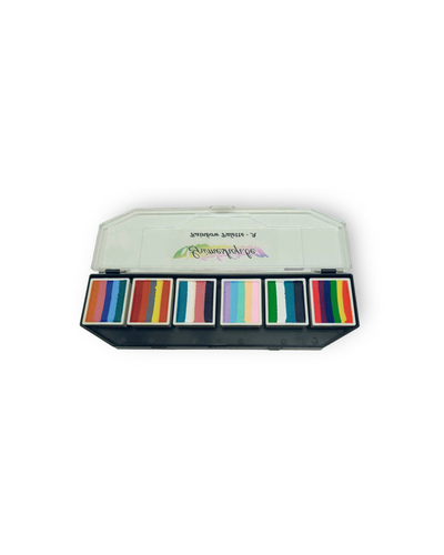 Splitstroke splitcake onestroke AQ Schmink regenboog palet Grimeshop MiKimFX BV uit Wielsbeke Ateljee G Kindergrime Glittertattoos Workshop Webshop uit Dendermonde
