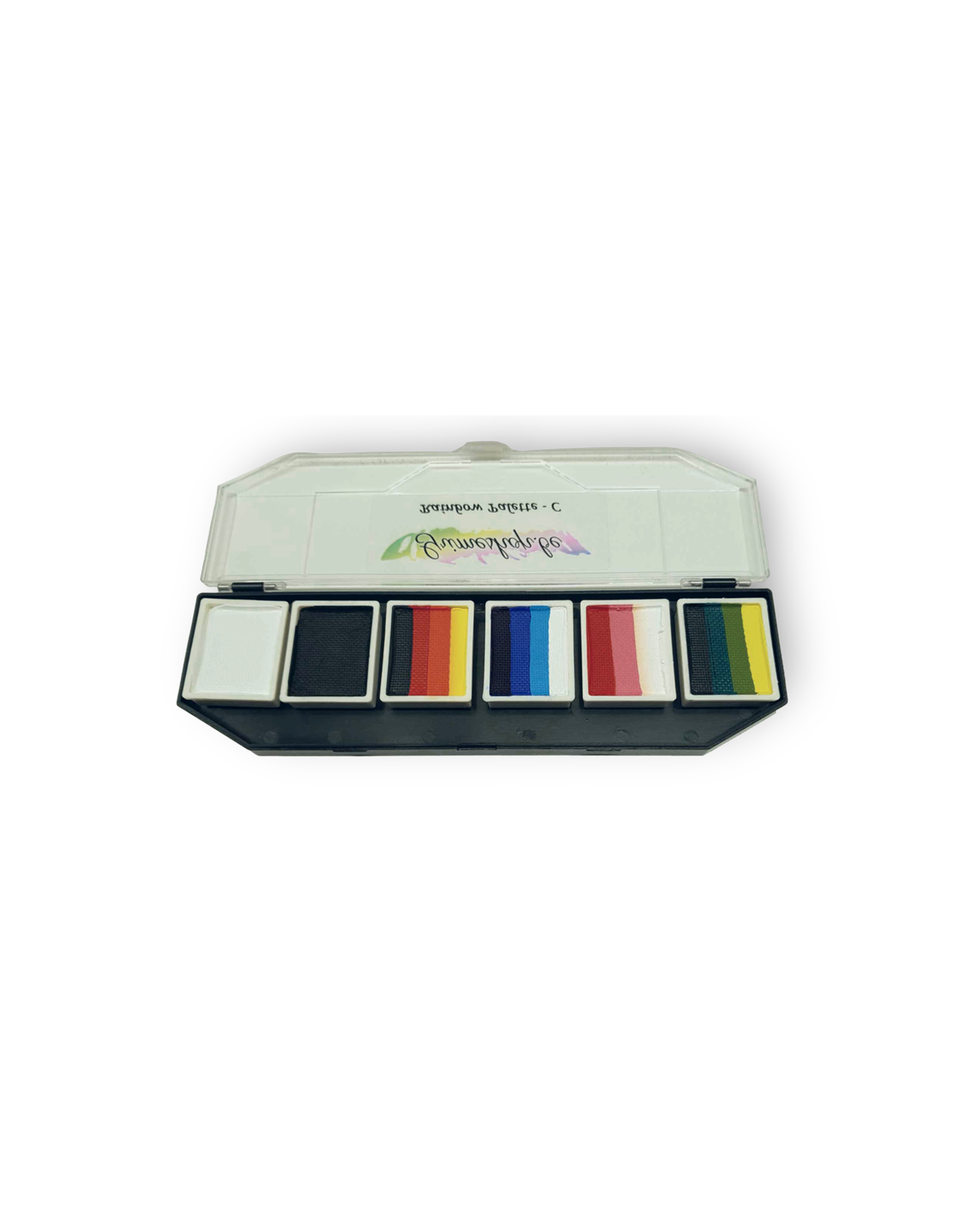 Splitstroke splitcake onestroke AQ Schmink regenboog palet Grimeshop MiKimFX BV uit Wielsbeke Ateljee G Kindergrime Glittertattoos Workshop Webshop uit Dendermonde
