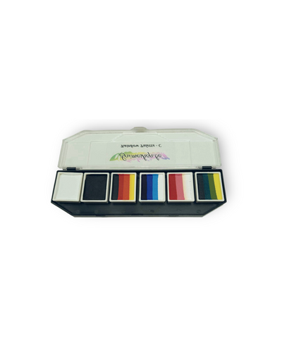 Splitstroke splitcake onestroke AQ Schmink regenboog palet Grimeshop MiKimFX BV uit Wielsbeke Ateljee G Kindergrime Glittertattoos Workshop Webshop uit Dendermonde